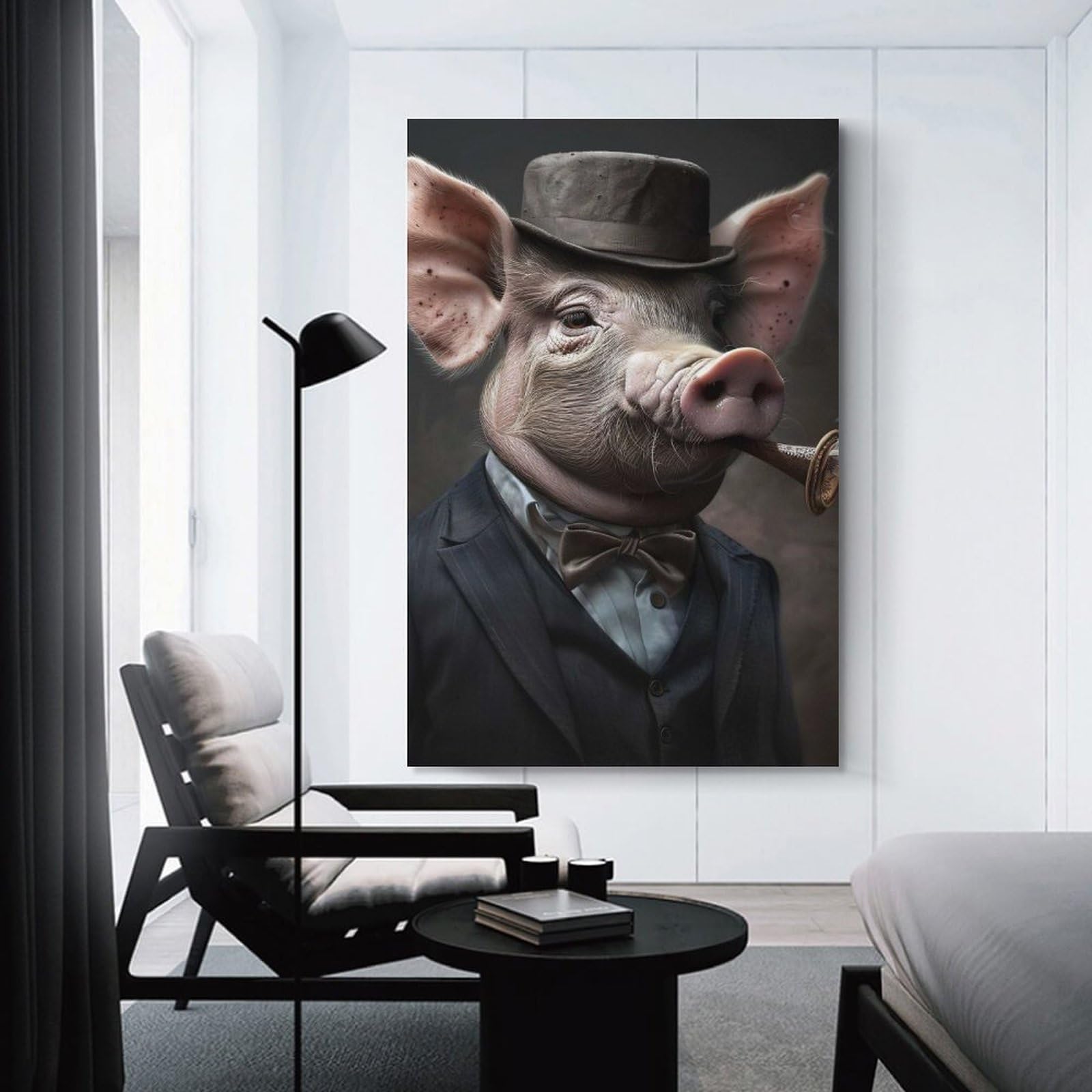 Junmoney Hanging Wall Art Pig in A Suit Smoking A Cigar, 20x30inch(50x75cm), for Small Homes, Bedrooms Or Open Spaces, Wall Decor with Flexible Room Appeal