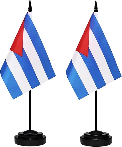 Juego de banderas de escritorio de Cuba, paquete de 2 banderas cubanas de mesa para oficina, mini bandera de escritorio pequeña con poste negro