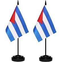 Cuba Desk Flag Set, 2 Pack Cuban Table Office Flags, Small Mini Desktop Flag With 12" Solid Black Pole, Black Base, Miniature Desktop Flag