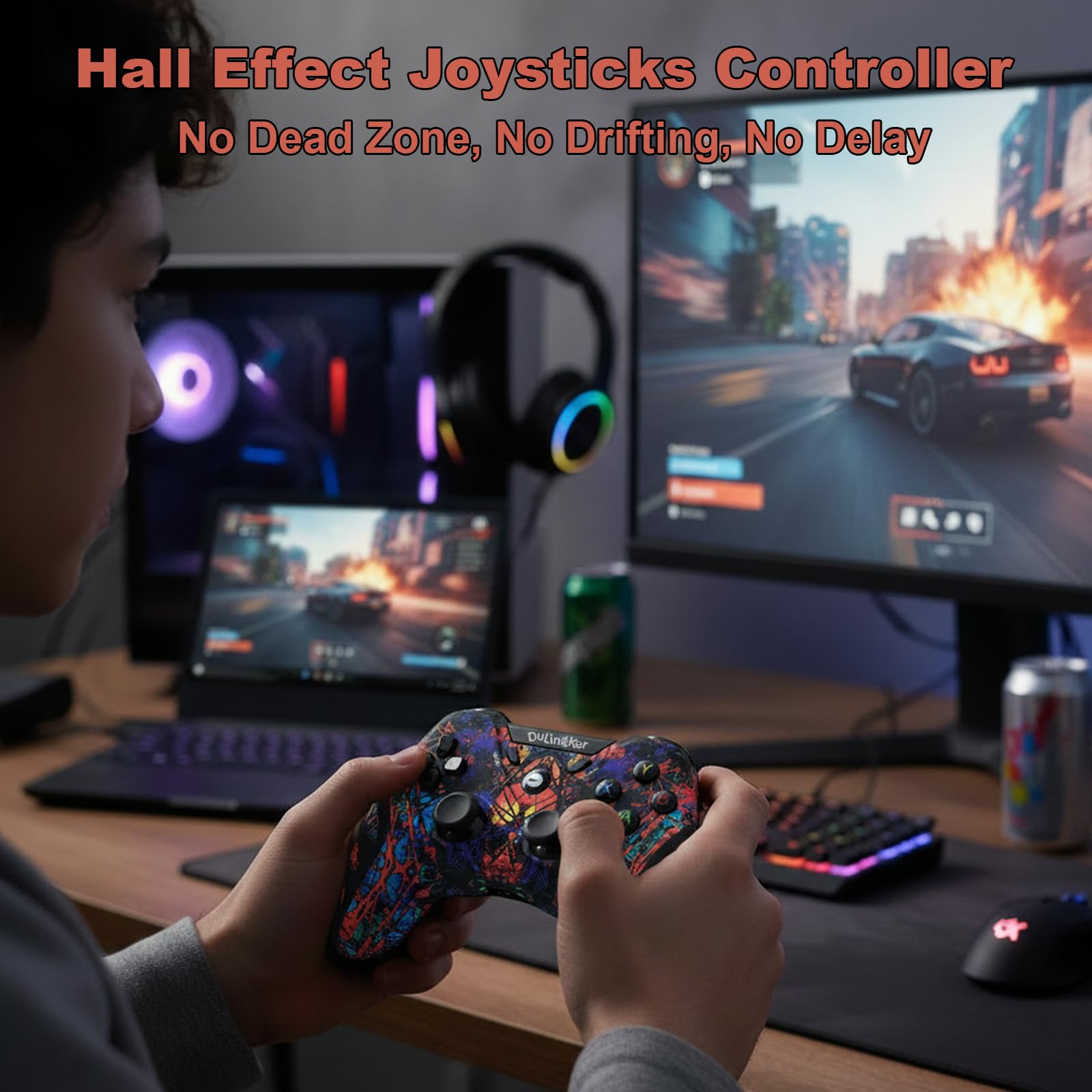 DuLingKer Controller PC Wireless, Controller PS3 PC Joystick con Hall Effect Joystick e Doppia Vibrazione, Wireless 2,4G Gaming Gamepad per Windows 11 10 8 7, PS3, Android TV, Steam, Raspberry Pi