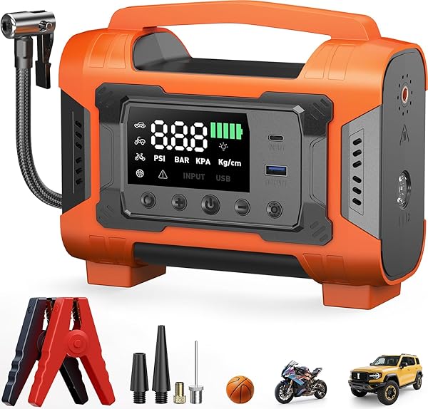 Jump Starter with Air Compressor, Car Battery Jump Starter 150PSI Tire Inflator, Battery Jumper Starter Portable Jump Box, 12V Portable Car Jump Starter for 9L Gas & 7L Diesel Engines