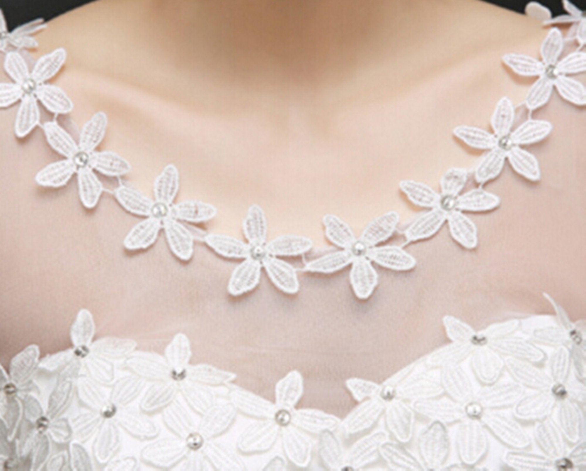 Vestito da sposa, da donna, elegante, in pizzo con schiena nuda, con fiori
