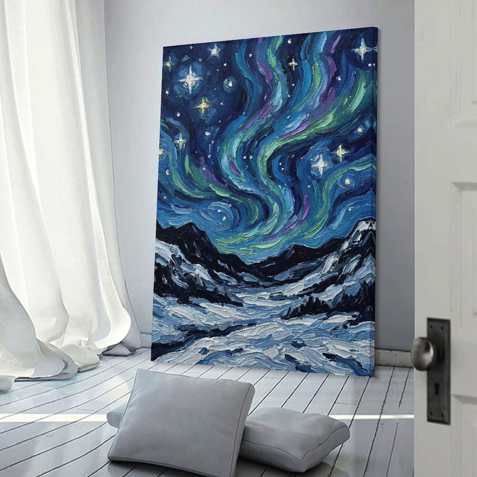 Junmoney Aurora Borealis Over Snowy Mountains Hanging Wall Art, 20x30inch(50x75cm), for Home Walls, Creative Rooms Or Shared Spaces, A Flexible Wall Accent for Shared Spaces