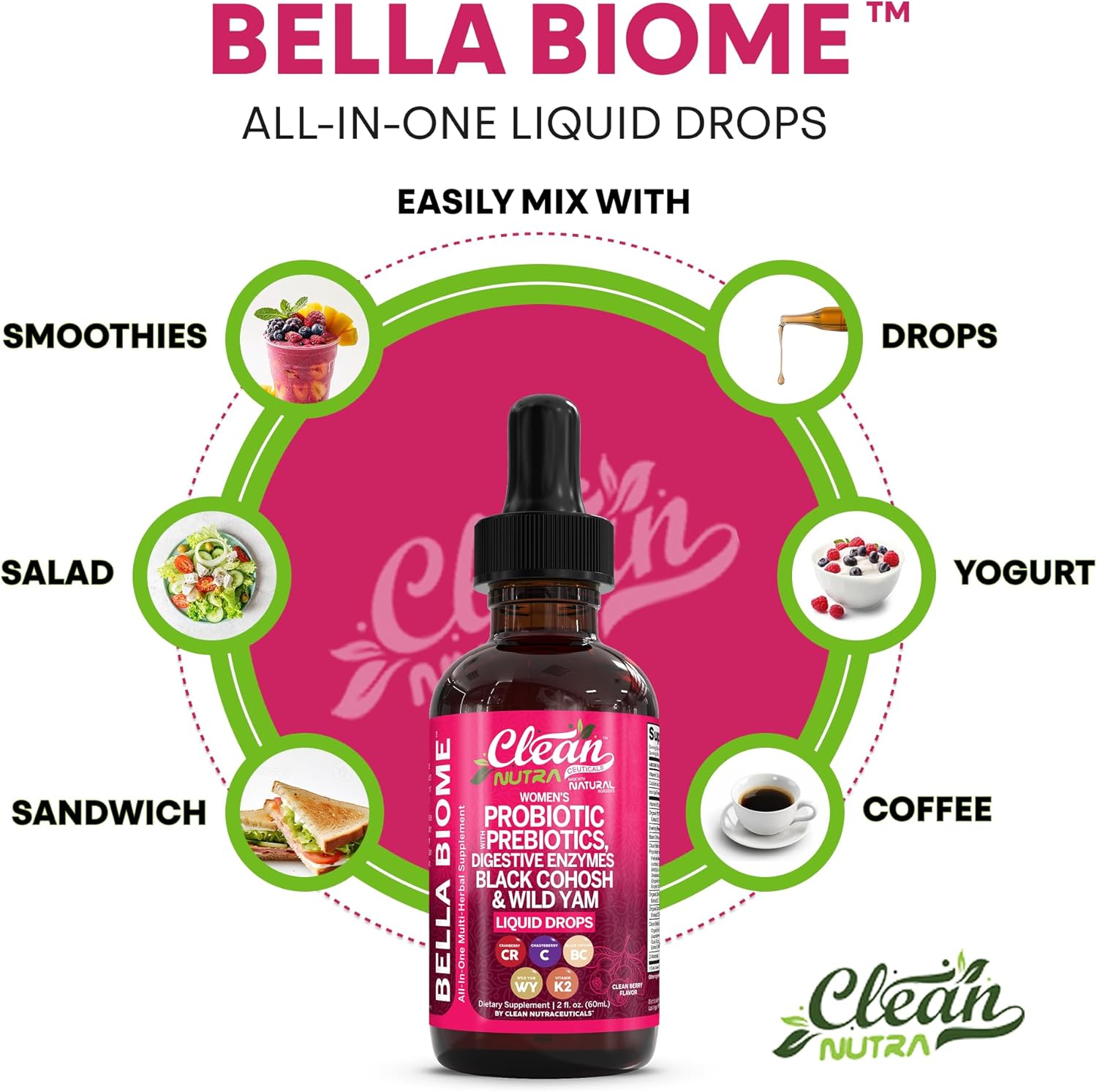 Liquid Probiotics for Women Drops with Chasteberry, Black Cohosh, Prebiotics, Digestive Enzymes, Evening Primrose Oil, Wild Yam, Cranberry Dmannose and Iron Vitamin D3 K2 Clean Nutra Bella Biotics (2) - Image 7