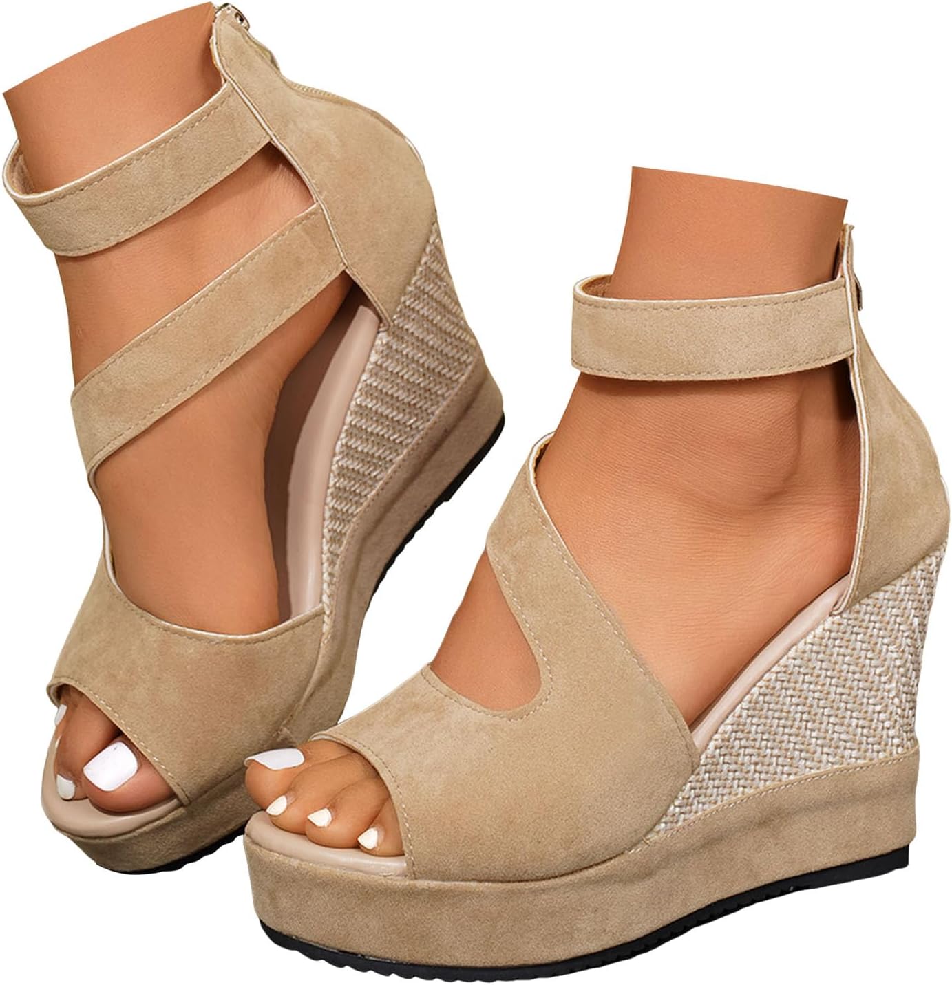 Platform Sandals for Women 2026 Dressy Summer Casual Suede Wedge Sandals Peep Toe Comfortable Ankle Strap Boho Orthotic High Heels Sandal Outdoor Vacation Beach Shoes Walking Footwear