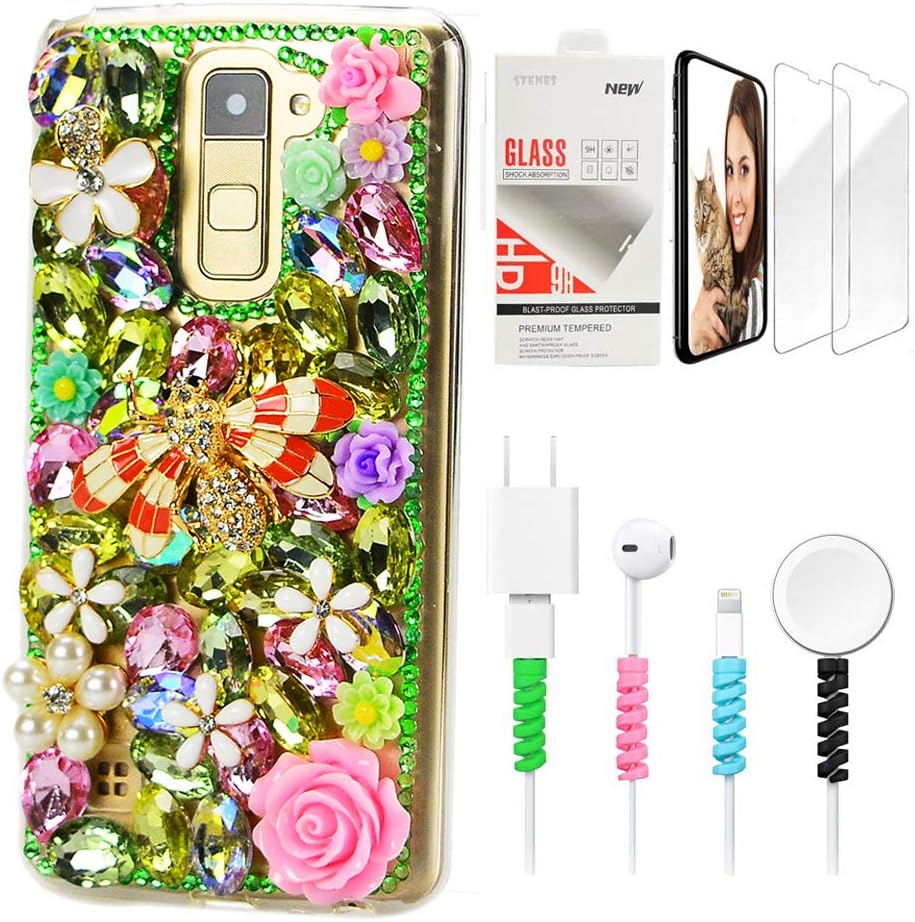 STENES Bling Phone Case Compatible with LG Stylo 5 / Stylo 5V / Stylo 5 Plus - Stylish - 3D Handmade Sparkle Series Dragonfly Rose Flowers Design Cover with Screen Protector & Cable Protector - Blue