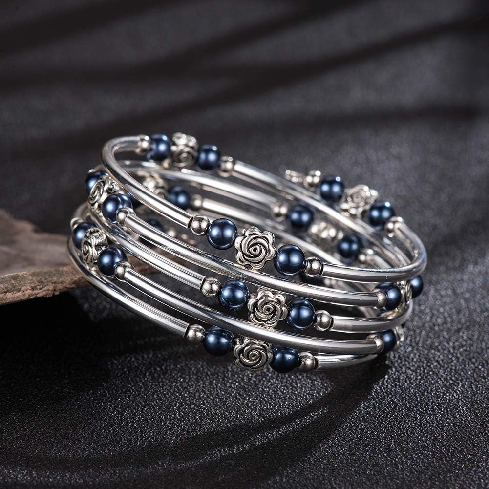 BULINLIN Wrap Bangle Rose Bead Bracelet - Beaded Bracelet with Natural Agate Stone Gifts For Women - Image 3