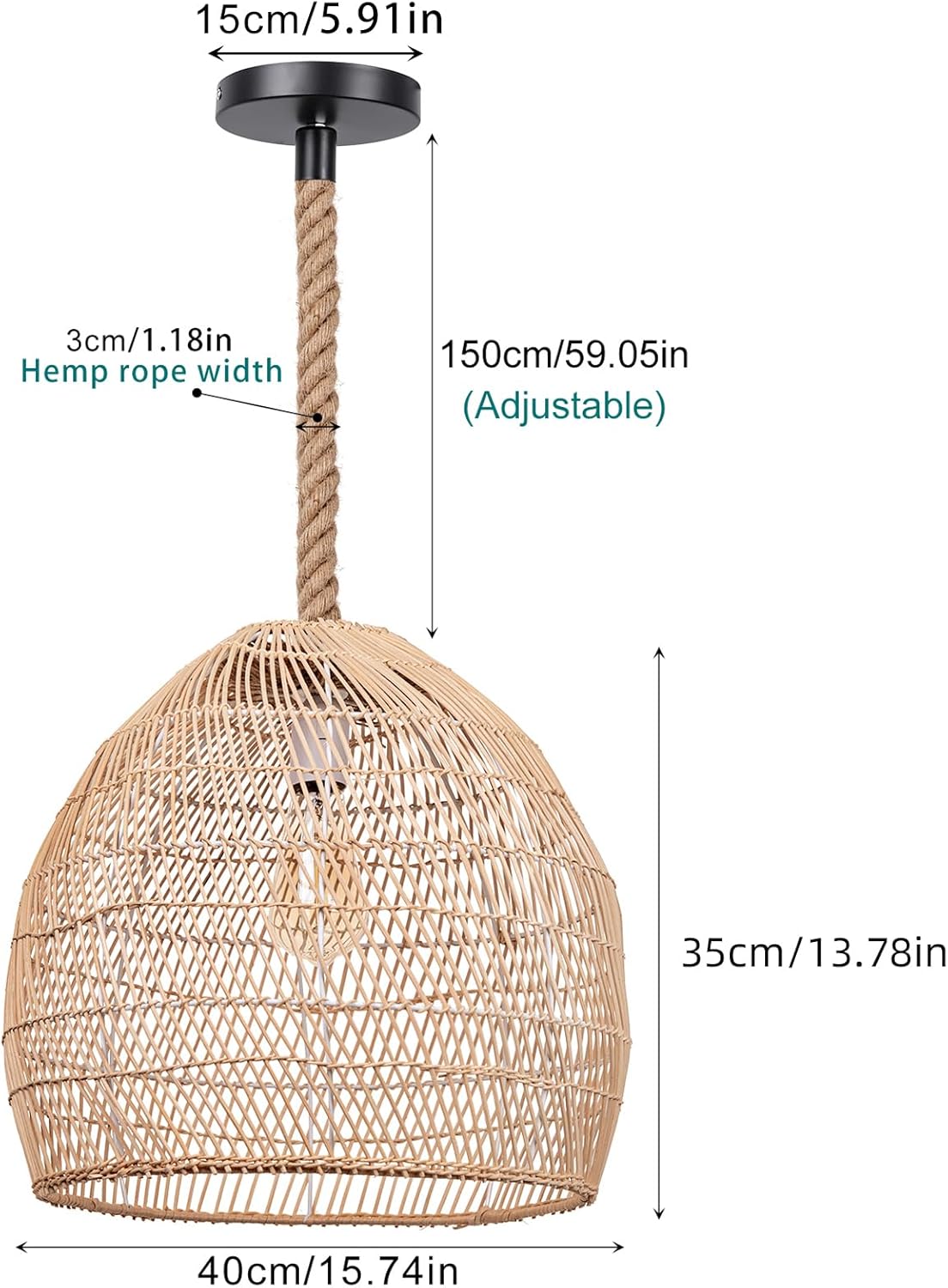 1 Light Rattan Chandelier Woven Pendant Light Fixture, Boho Coastal Wicker Hanging Ceiling Lighting for Kitchen, 15.74"W Large Lampshade for Living Room Bars Restaurants