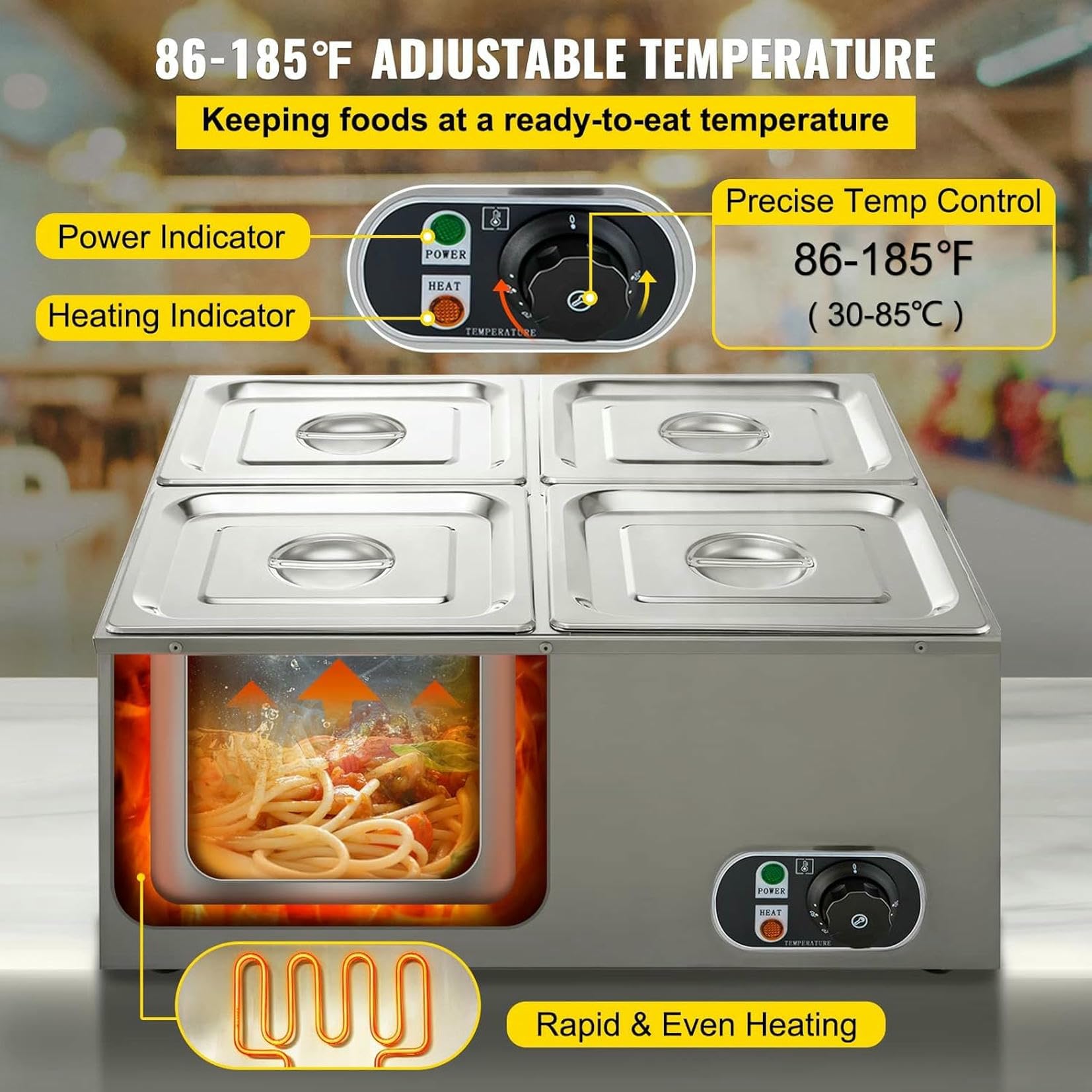 Calentador de plataforma profesional - Mesa de vapor eléctrica de 850 W y 34 litros con 4 contenedores para restaurantes y servicios de catering - Buffet profesional de acero inoxidable con cuello