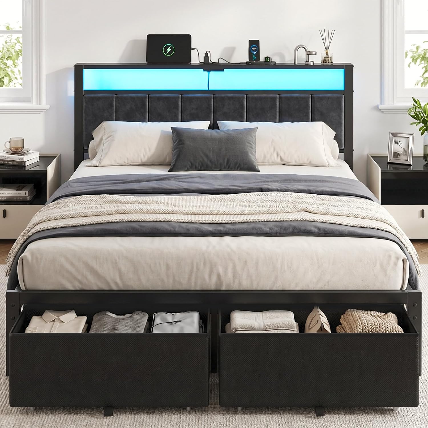 Queen Size Bed Frame with Upholstered Headboard and 2 Storage Drawers