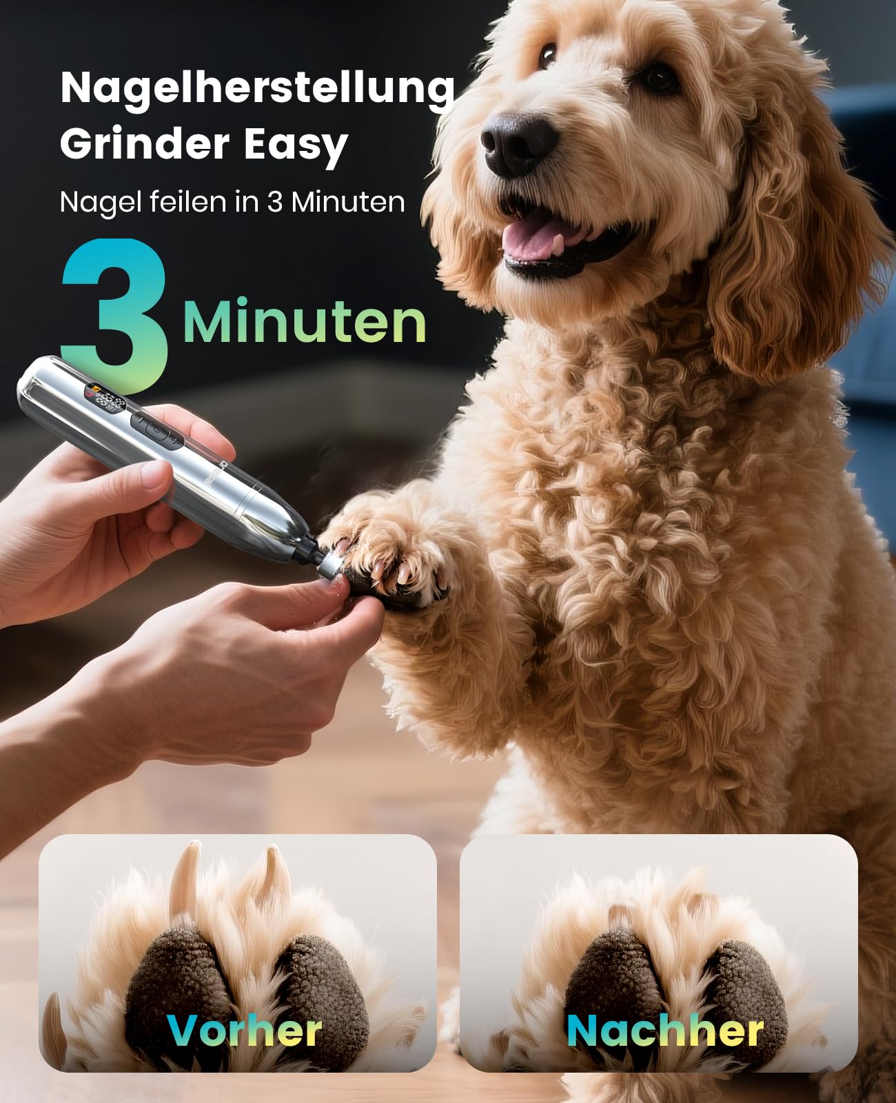 oneisall 4 in 1 Hundeschermaschine dickes/dichtes Fell, Leise Profi Schermaschine/Pfotentrimmer/Nagelschleifer für kleine und große Hunde Katzen, 4h Akku