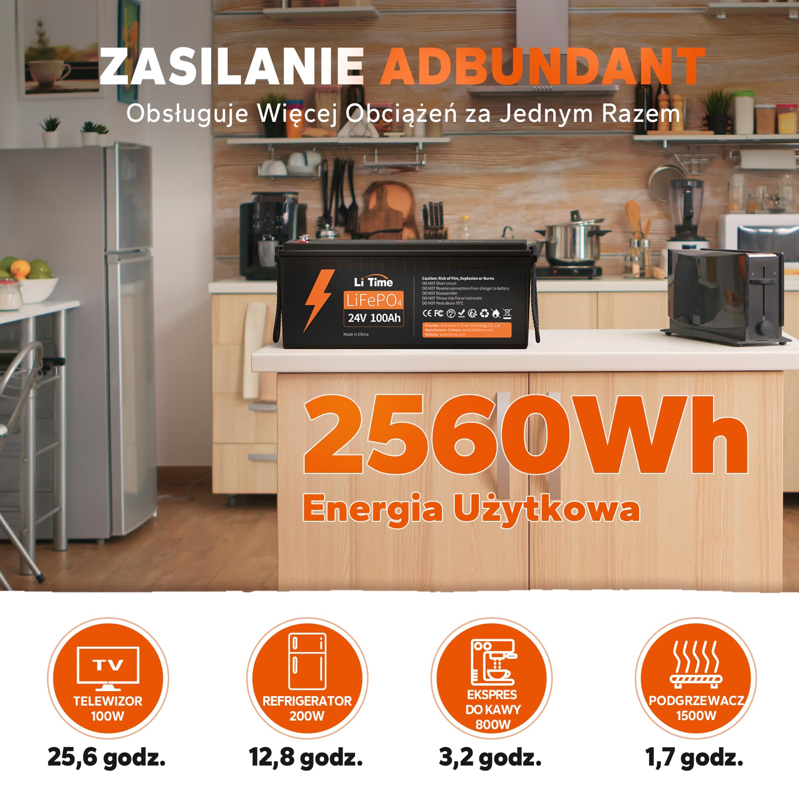 LiTime Bateria litowa LiFePO4 24V 100Ah, Akumulator LiFEPO4 Wbudowany 100A BMS, 4000+ Cykli, 10 Lat Żywotności, Bateria Lifepo4 24V Odpowiednia Do Przyczep Kempingowych, Solarnych, Morskich