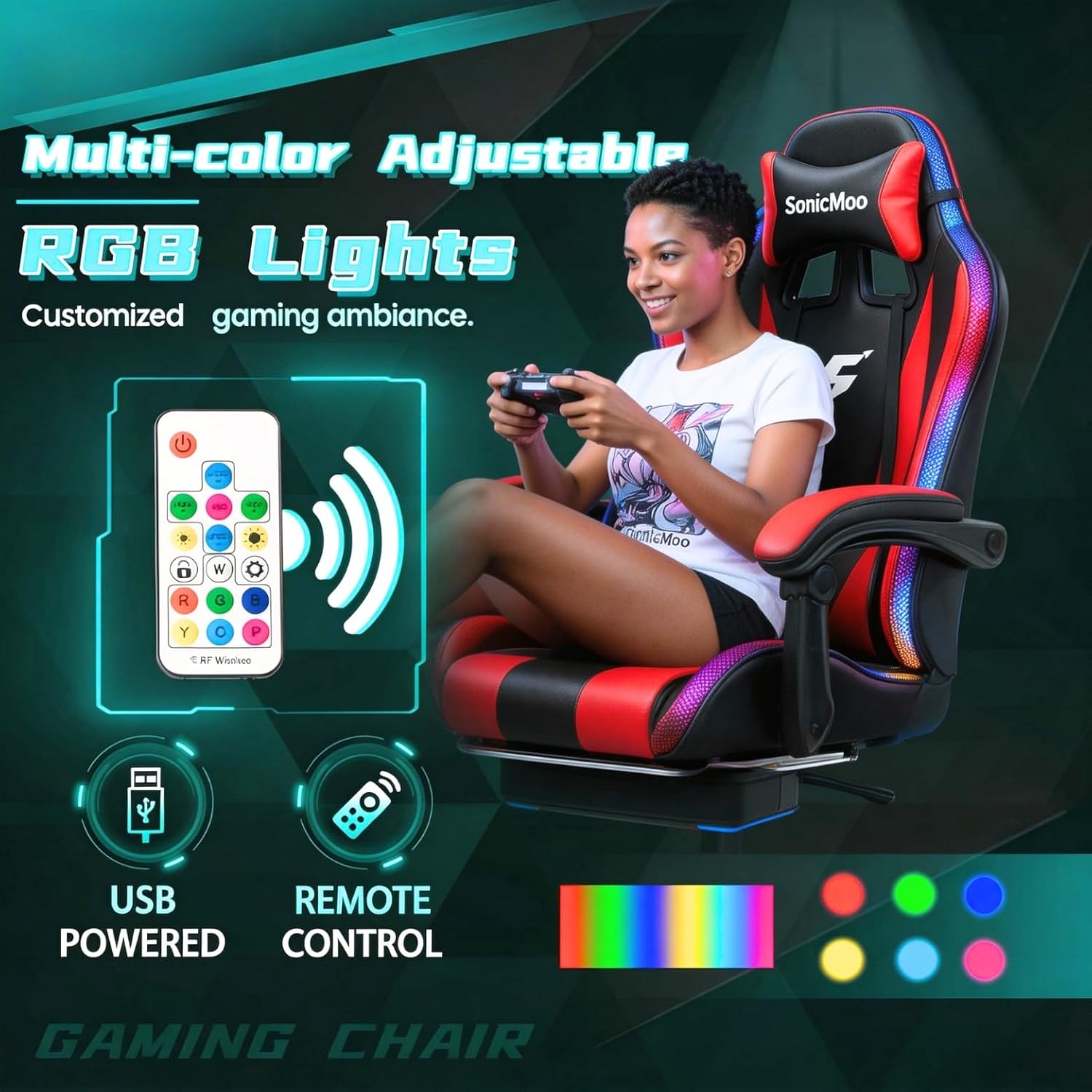 Gaming Chair with RGB LED Lights, Footrest, Lumbar Support & Headrest - High Back Reclining Swivel Computer Chair with Canopy (Red)