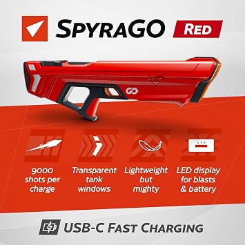 SPYRA 2 Pack Electric Water Blaster, Outdoor LED Squirt Toy, 26 Foot Range, Lightweight Design with Clear Tank for Pool Games, SpyraGO, Red