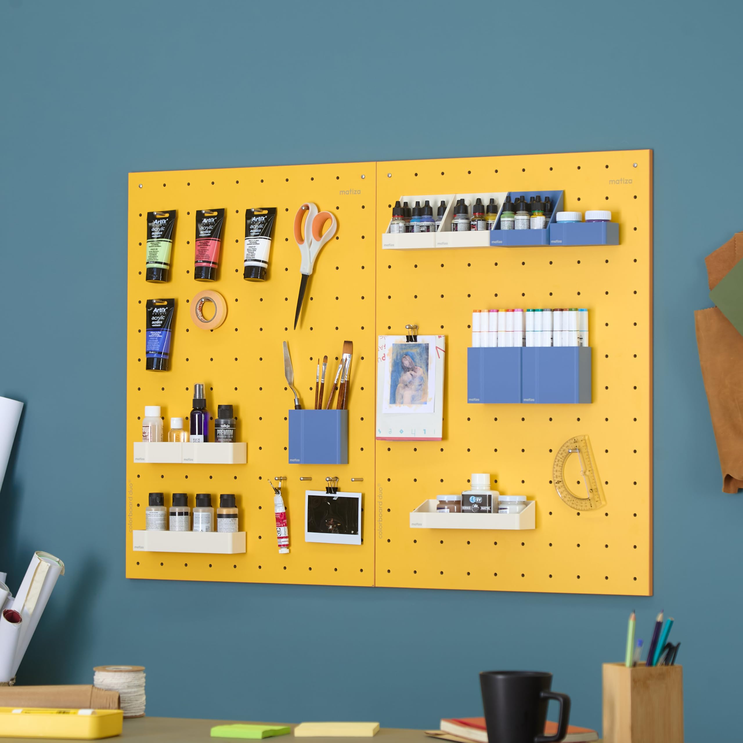 Perforated Wall Board, pegboard, Desk Organizer, Tool Panel, Perforated Panel, Matiza (50 cm x 70 cm, Lavender, Biscuit, Blue, Yellow) - with Boxes Accessories Basic Kit (Yellow)