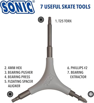 SONIC Pro Inline Skate Tool + T, Long T25 Torx for Powerslide triskate frame mounting bolts, 7 Tools, Rotate wheels, Remove bearings, Designed in USA