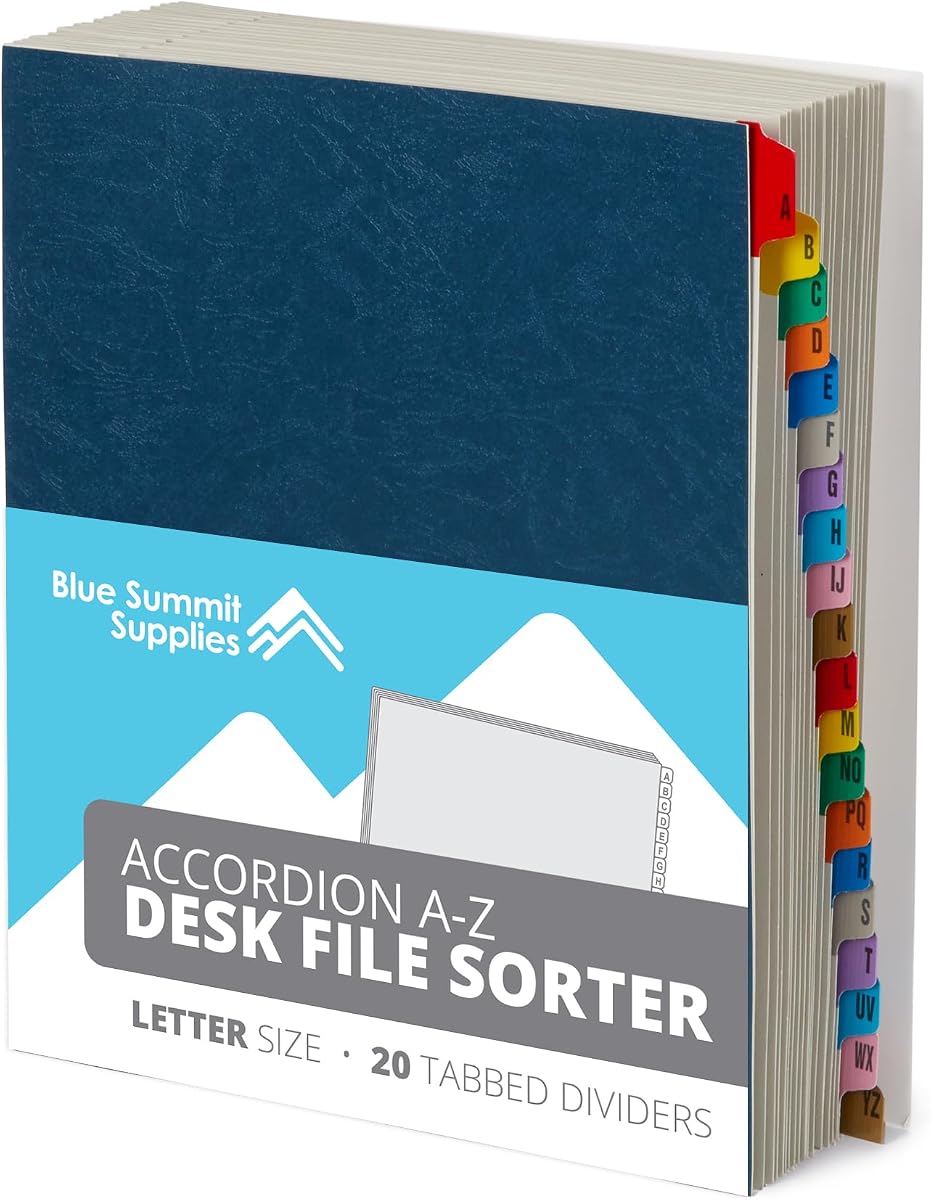 Blue Summit Supplies A-Z Desk File Sorter, Letter, 20 Dividers, Blue | Expanding alphabetical sorter, 20 A-Z dividers, for mail, files, invoices, and desktop organization