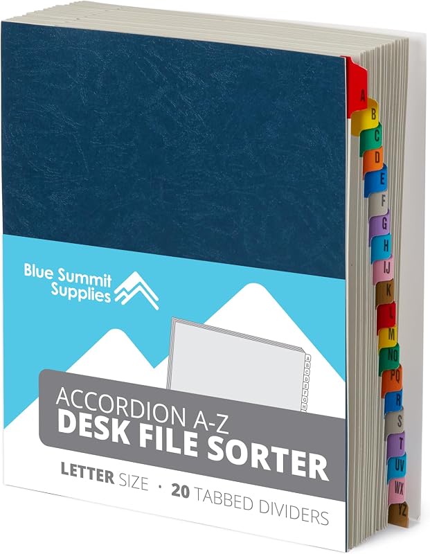 Blue Summit Supplies A-Z Desk File Sorter, Letter, 20 Dividers, Blue | Expanding alphabetical sorter, 20 A-Z dividers, for mail, files, invoices, and desktop organization