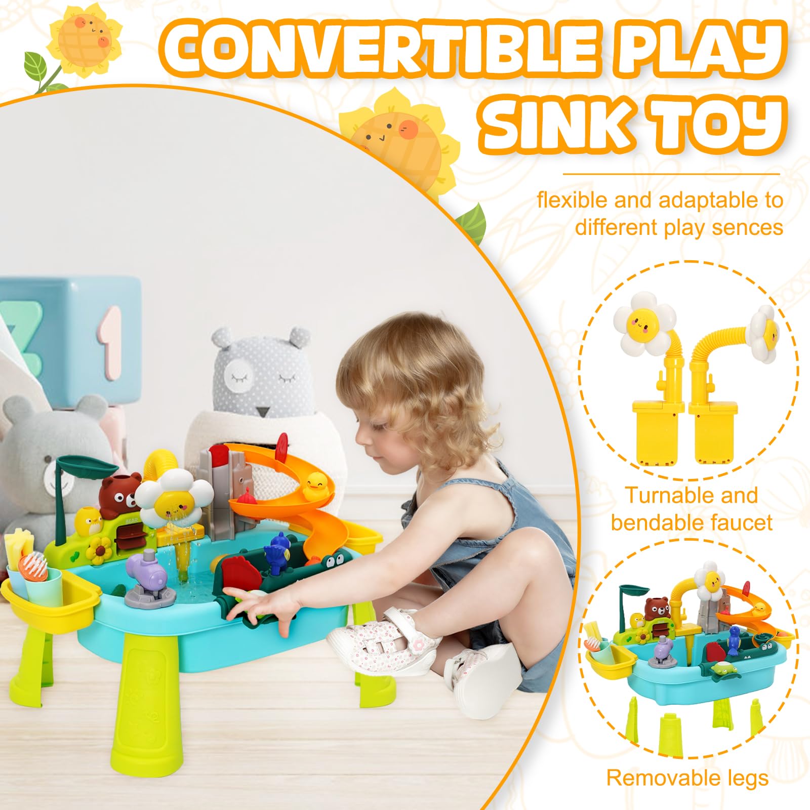 3 in 1 Tavolo Acqua Bambini con Ciclo dell’Acqua Set Lavello da Cucina, Kit da Cucina Giocattolo per Bambini con Pesca e Giochi d’Acqua, Cucina Giocattolo per Bambini dai 3 Anni in Su (verde)
