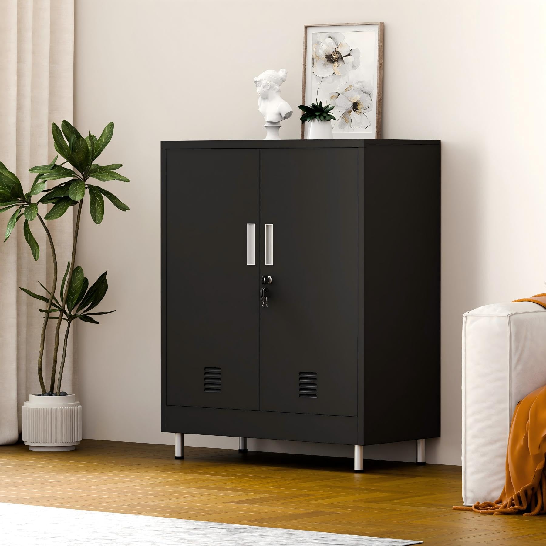 JINGUR Armoire de Rangement en métal avec Portes verrouillables et étagères réglables, Petite Armoire de Rangement verrouillable pour Maison, Bureau, Garage, Garde-Manger, entrée, Salon (Noir)