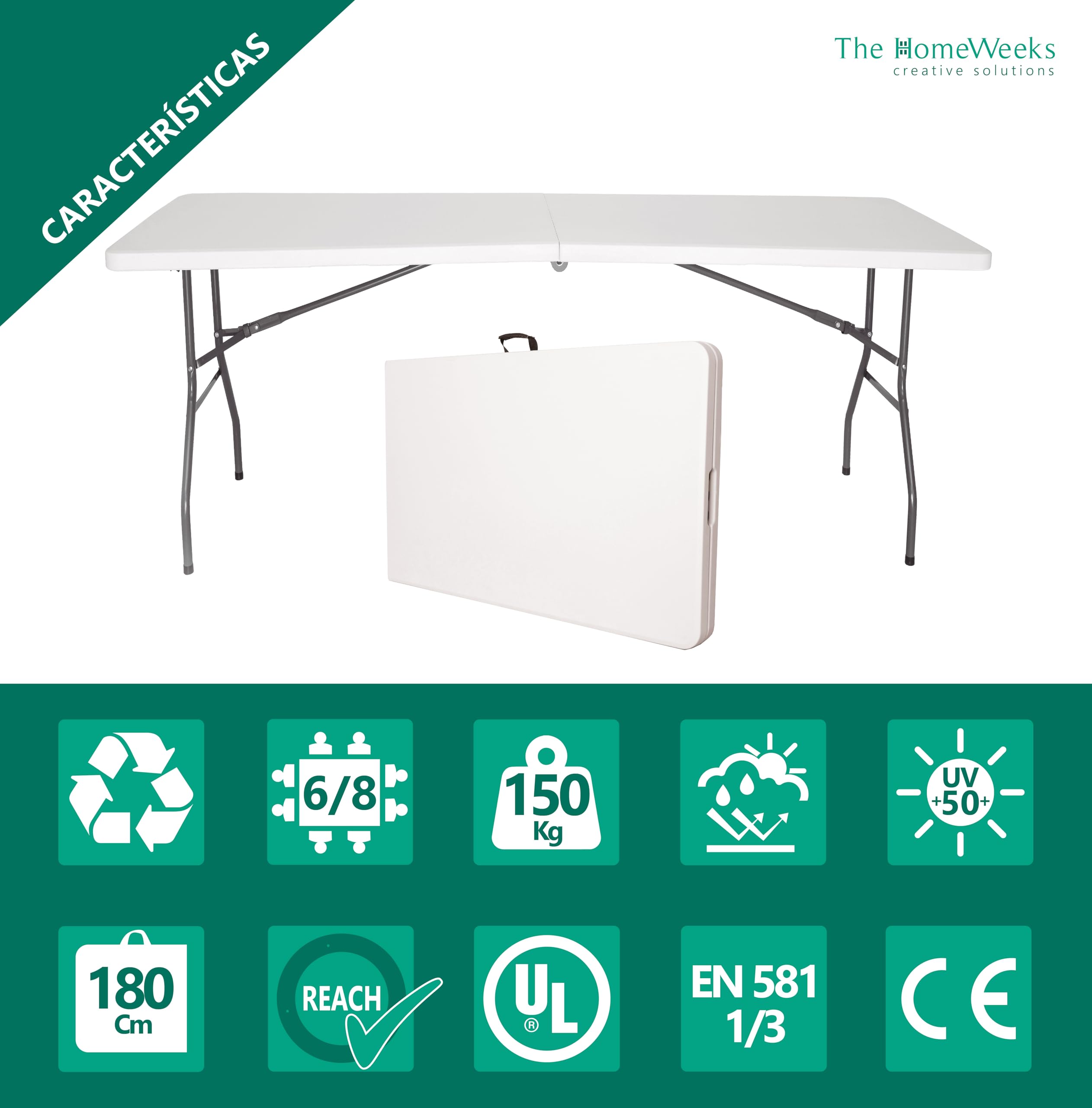 The Homeweeks Mesa Plegable Solid 180cm Portátil | Normativa Uso Público Interior/Exterior | Tablero Resina HDPE 3,5cm | Capacidad 6/8 Personas y Carga 150 kg | Multiuso