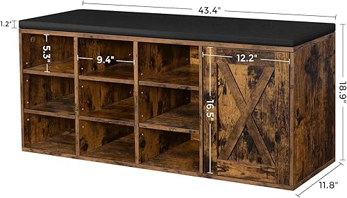 Miniatura 3 de VASAGLE Shoe Bench, Storage Bench with Cupboard and 9 Open Compartments, Shoe Shelf, Padded Seat, Barn Door, 11.8 x 43.3 x 18.9 Inches, Rustic Brown