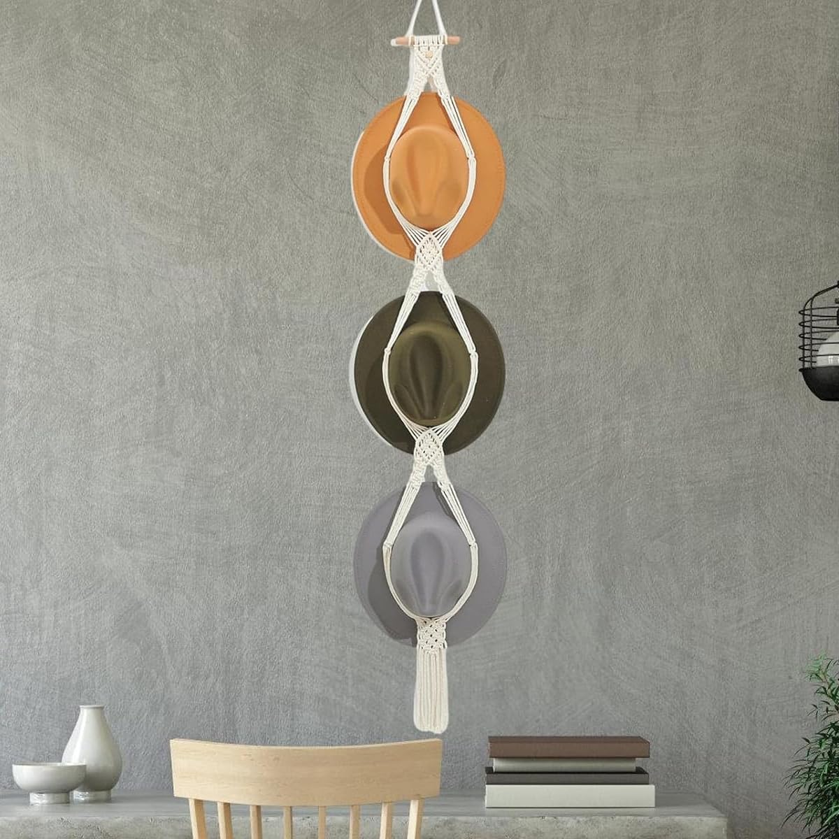 Macrame Hat Rack con Gancho Adhesivo, Organizador de Pared para Sombreros de ala Ancha