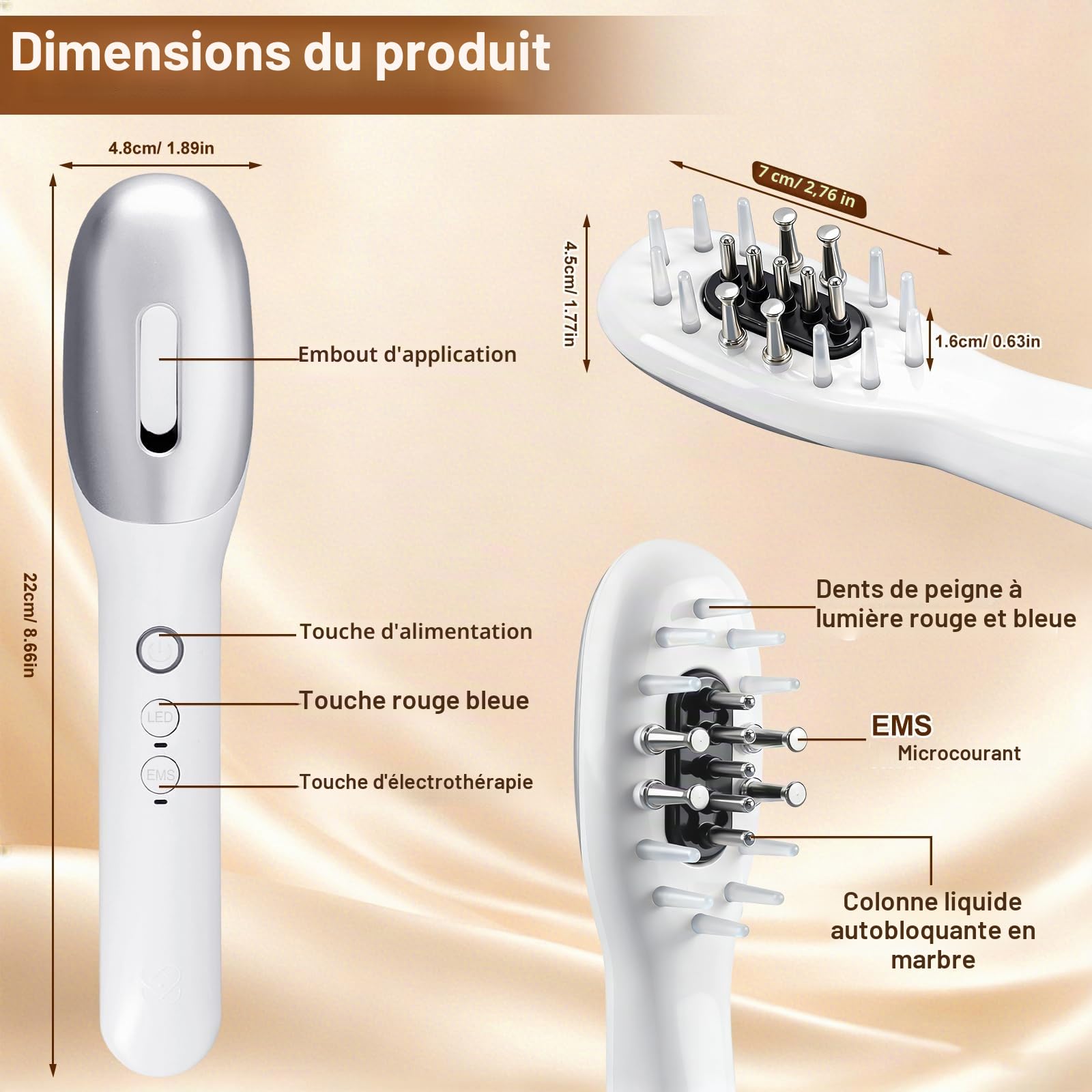 Brosse de Massage É‌lectrique Pour le Cuir Chevelu, Brosse de Massage Portable Pour la Tête à Lumière Rouge et Bleue, Microcourant EMS et Vibration, Favorise la Croissance des Cheveux