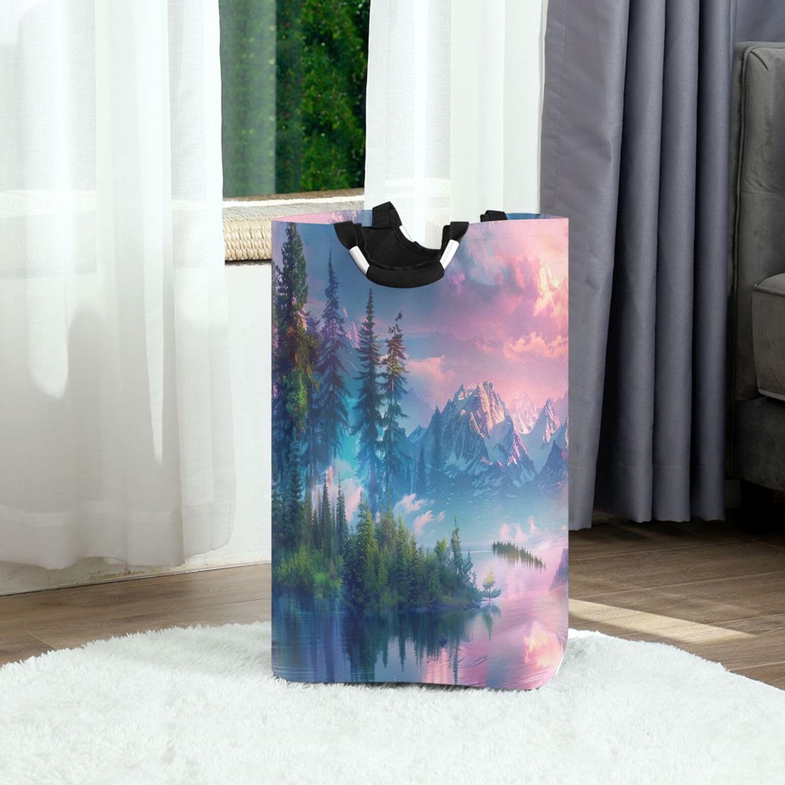 Jihqo Laundry Hamper Basket Beautiful Mountain Landscape Collapsible Nursery Storage Bin Waterproof Clothing Baskets for Home Bedroom Bathroom Washing Room