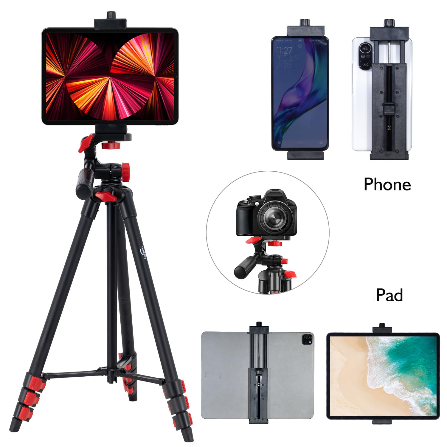 Trípode de aluminio para iPad de 53 pulgadas para iPhone iPad Pro cámara teléfono móvil ligero viaje selfie soporte trípode negro