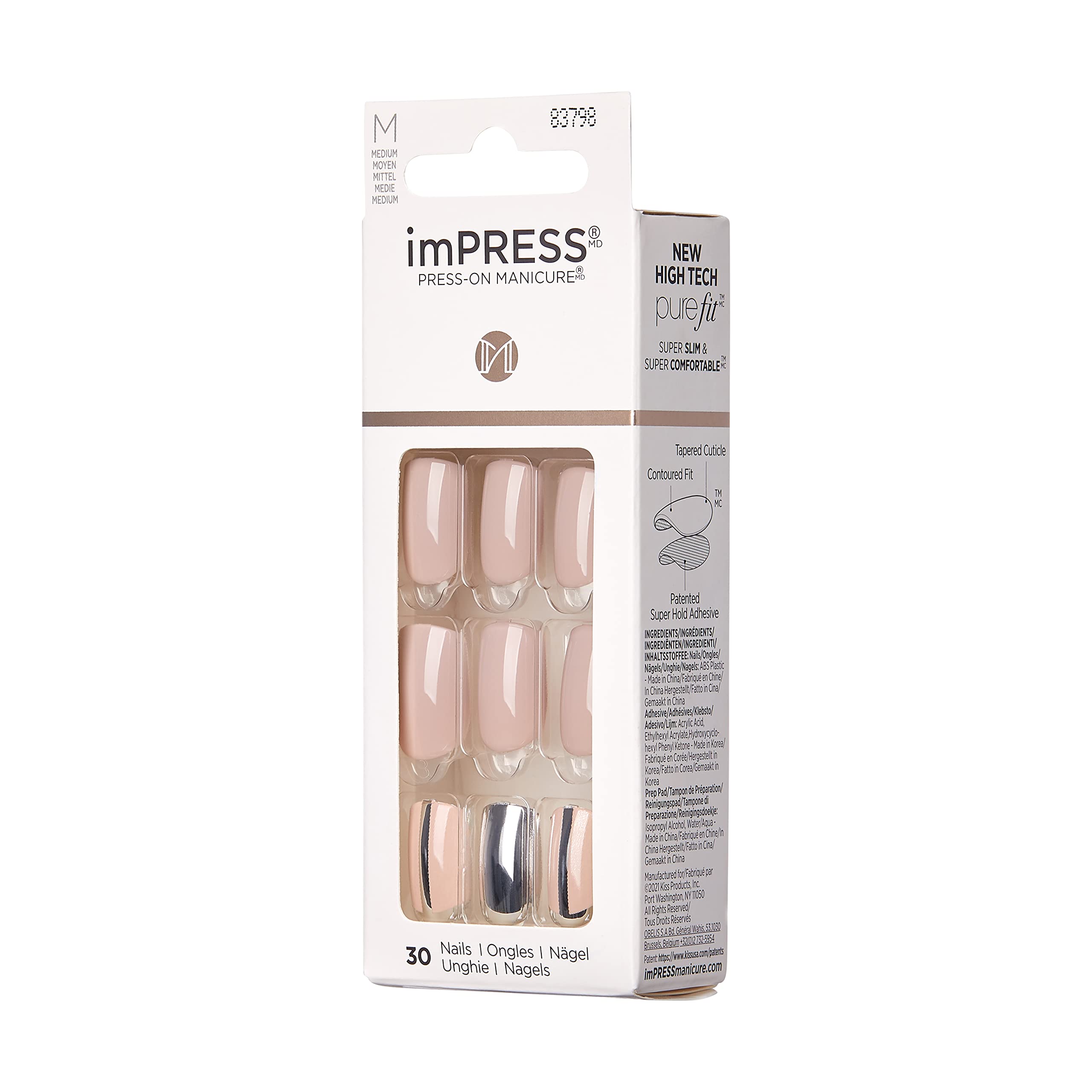 KISS imPRESS Manicure, Cloudy, sztuczne paznokcie samoprzylepne, kwadratowe, krótkie, z technologią PureFit, 30 sztucznych paznokci, mini pilnik, patyczek do skórek, instrukcja