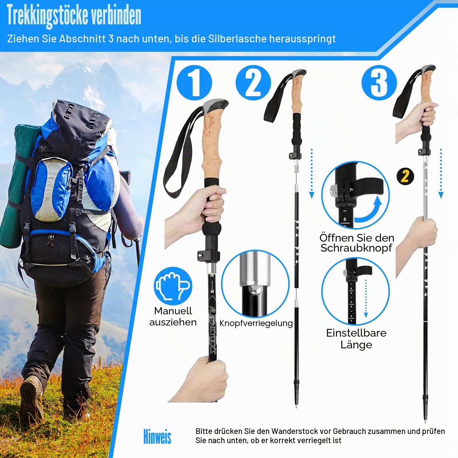 Wanderstöcke, Faltbar, Teleskopstöcke (110-130 cm), Ultraleichte Alu Trekkingstöcke oder Carbon, Walking Stöcke mit Korkgriff für Nordic Walking, Hiking Poles Klappbar für Skifahren & Bergsport