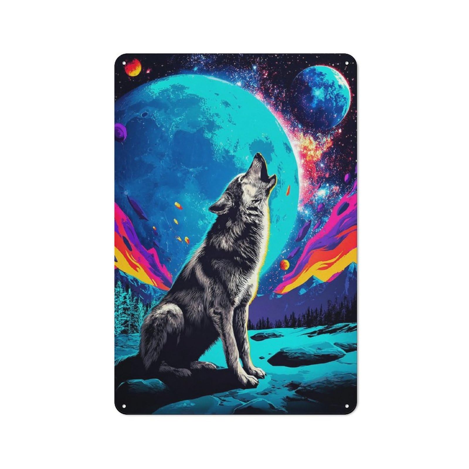 Junmoney Wolf Howling At Cosmic Moon -1 Vintage Tin Sign 30X20cm Featuring For Café Or Home Bar, A Metal Wall Feature For Cafés And Home Bars