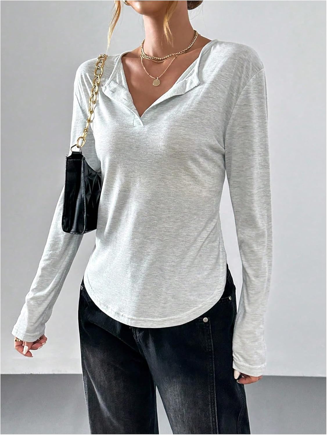 WDIRARA Women's Long Sleeve Button Up T Shirts Crew Neck Solid Basic Tops - Image 5