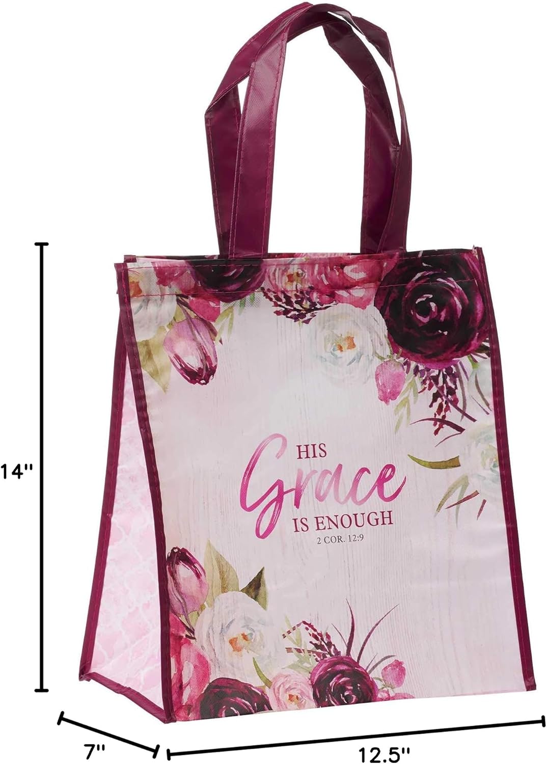 Christian Art Gifts Reusable Fashion Shopping Tote Bag for Women: His Grace - 2 Corinthians 12:9 Bible Verse Non-woven Inspirational Durable Floral Pink Tote Bag for Groceries, Books, and Supplies - Image 8