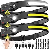 BIAT Rechargeable Headlamp 3-Pack: 230° Wide Beam 350 Lumens LED with Motion Sensor, Waterproof for Camping Hiking Running Fishing