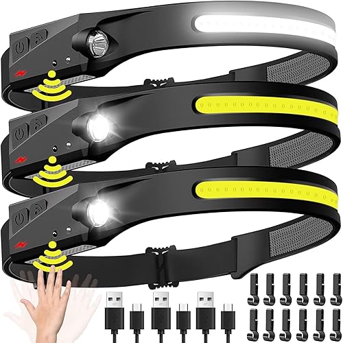 Linterna frontal recargable 3 unidades, lámpara LED de haz ancho de 230 con sensor de movimiento para adultos, accesorios de campamento, linterna