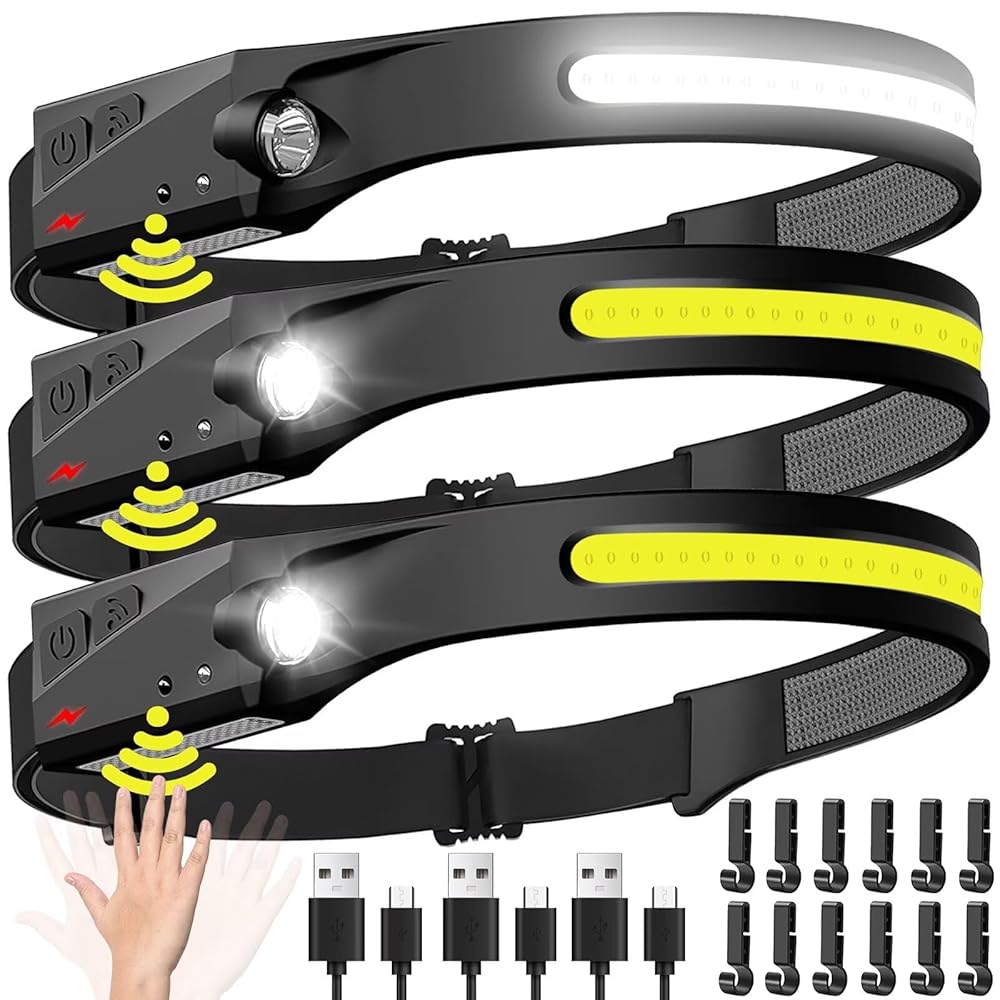 Headlamp Rechargeable 3PCS, 230 Wide Beam Head Lamp LED with Motion Sensor for Adults - Camping Accessories Gear, Waterproof Head Light Flashlight for Hiking, Running, Repairing, Fishing, Cycling