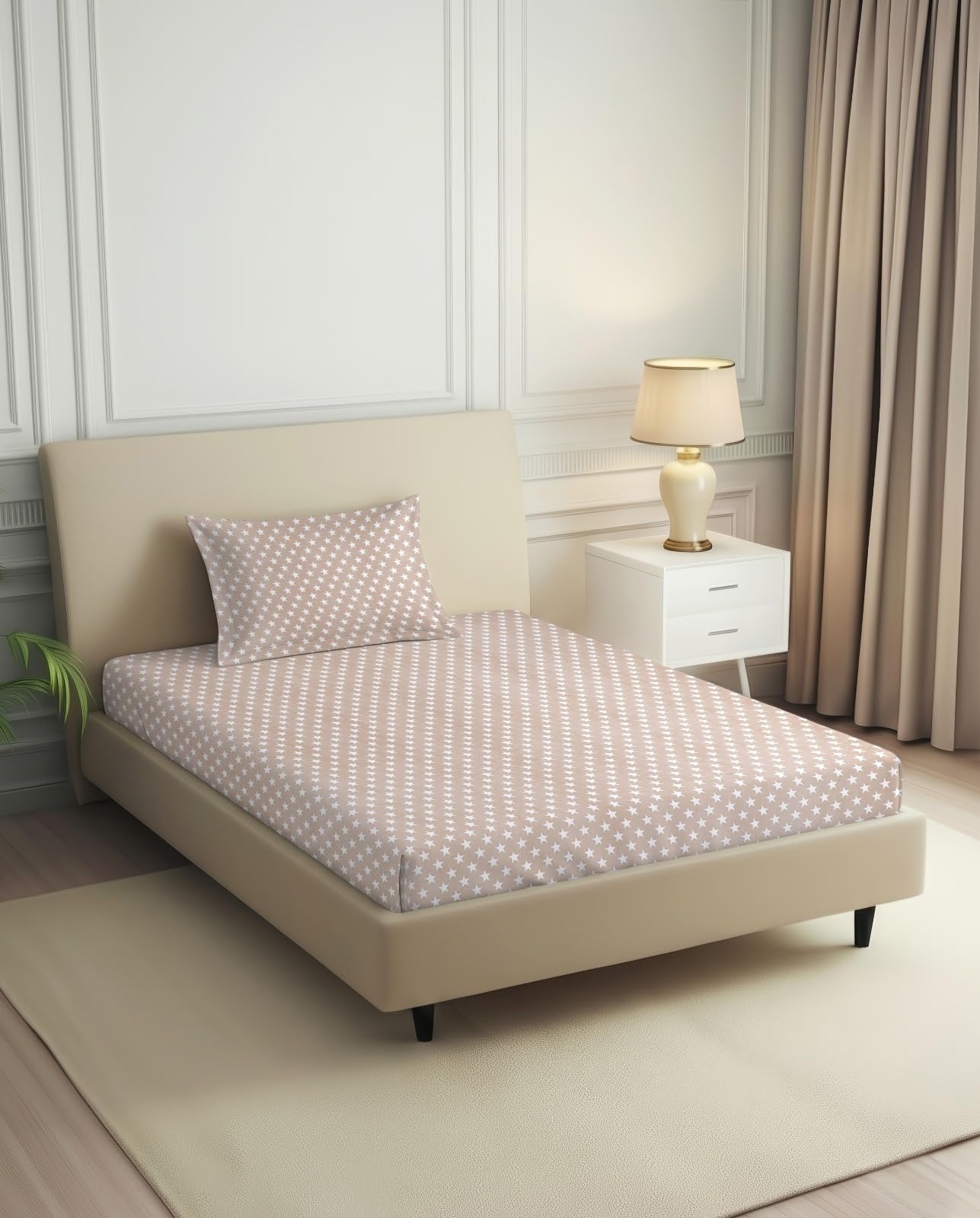 244 TC Premium Cotton Elastic Fitted Bedsheet with 1 Pillow Cover, Geometric Print, All-Around Elastic, Soft & Wrinkle-Free, Double & Single Beds (Light Pin, Single)