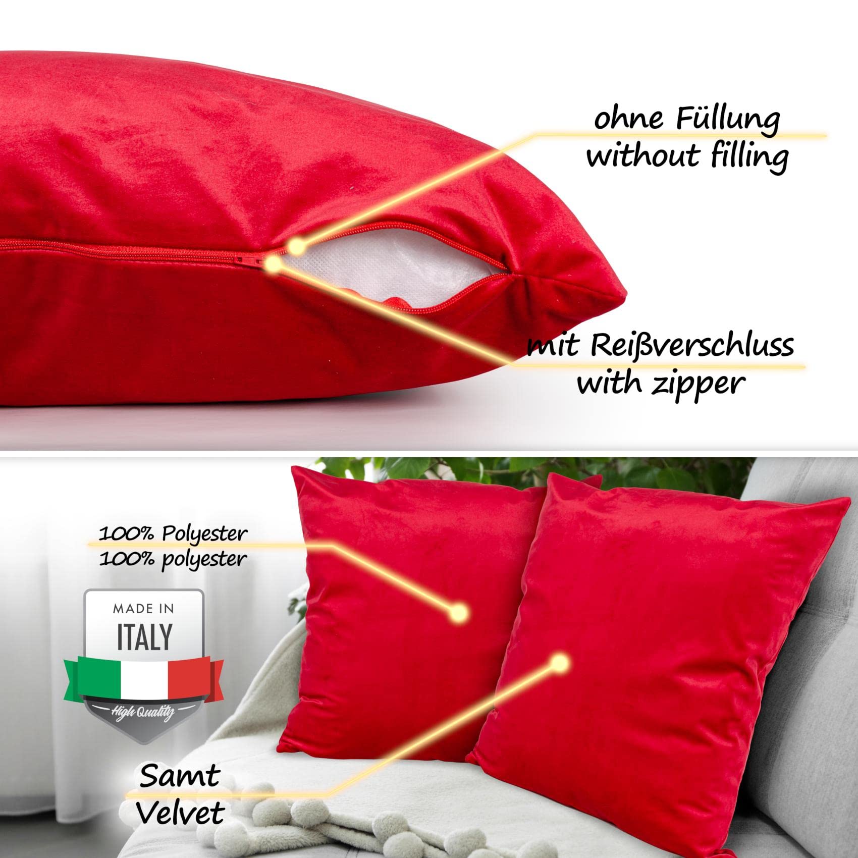 SCHÖNER LEBEN Duval Federa Per Cuscino In Velluto Rosso 50x50 Cm – Morbida E Elegante Per Divano E Letto - 2