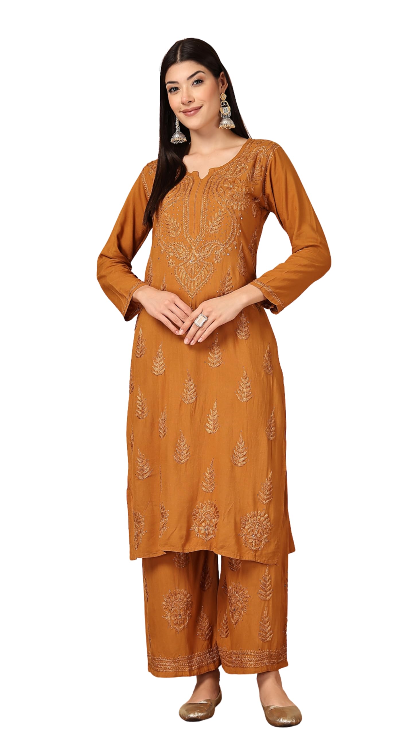 fashion chikan art Lucknowi Chikankari Fancy Hand Work With Mukaish Work Kurta & Plazzo Set-picture-11