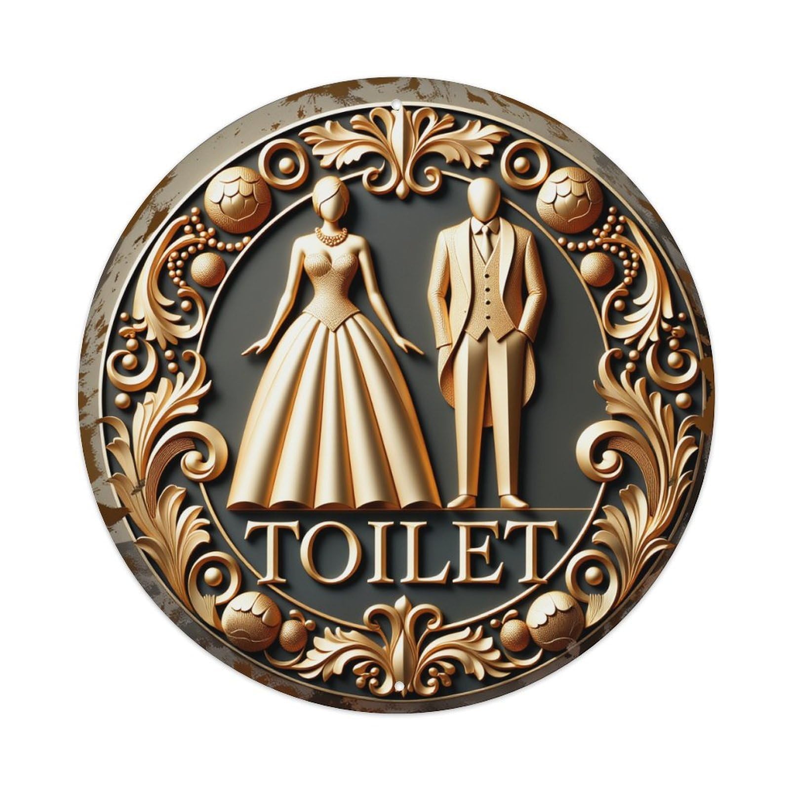Golden Couple Ornate Toilet Round Tin Sign Vintage Metal Poster, Home Bar Garage Man Cave Cafe Indoor & Outdoor Wall Decoration 8x8Inches