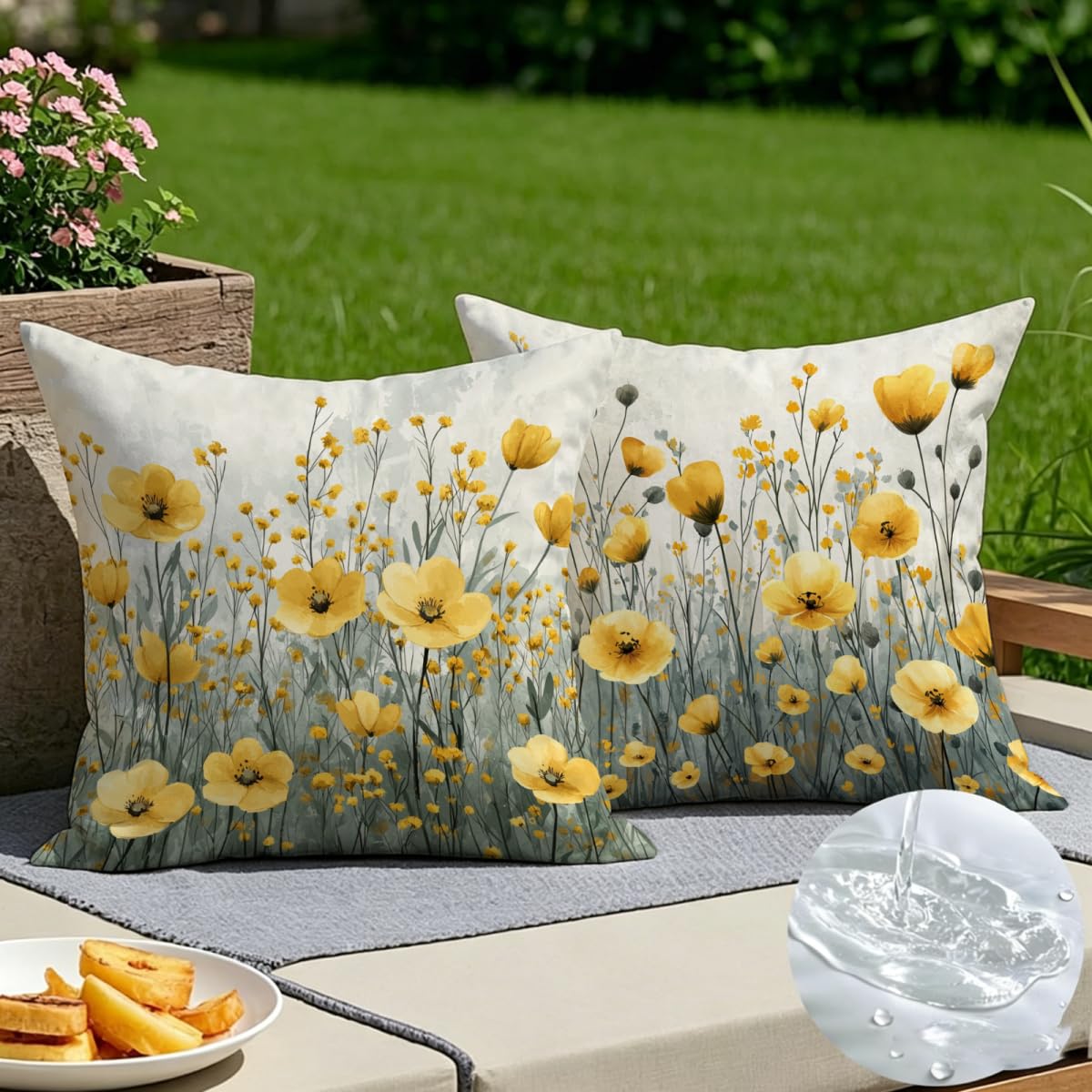 Housse de coussin 55x55 lot de 2 jaune à motif fleur en tissu de lin pour salon et canapé