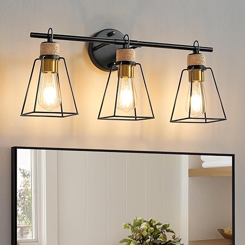 Miniatura 7 de Lámparas de baño de 3 luces sobre el espejo, color negro mate, lámpara de tocador de granja para baño, envuelta en cuerda rústica, industrial, con