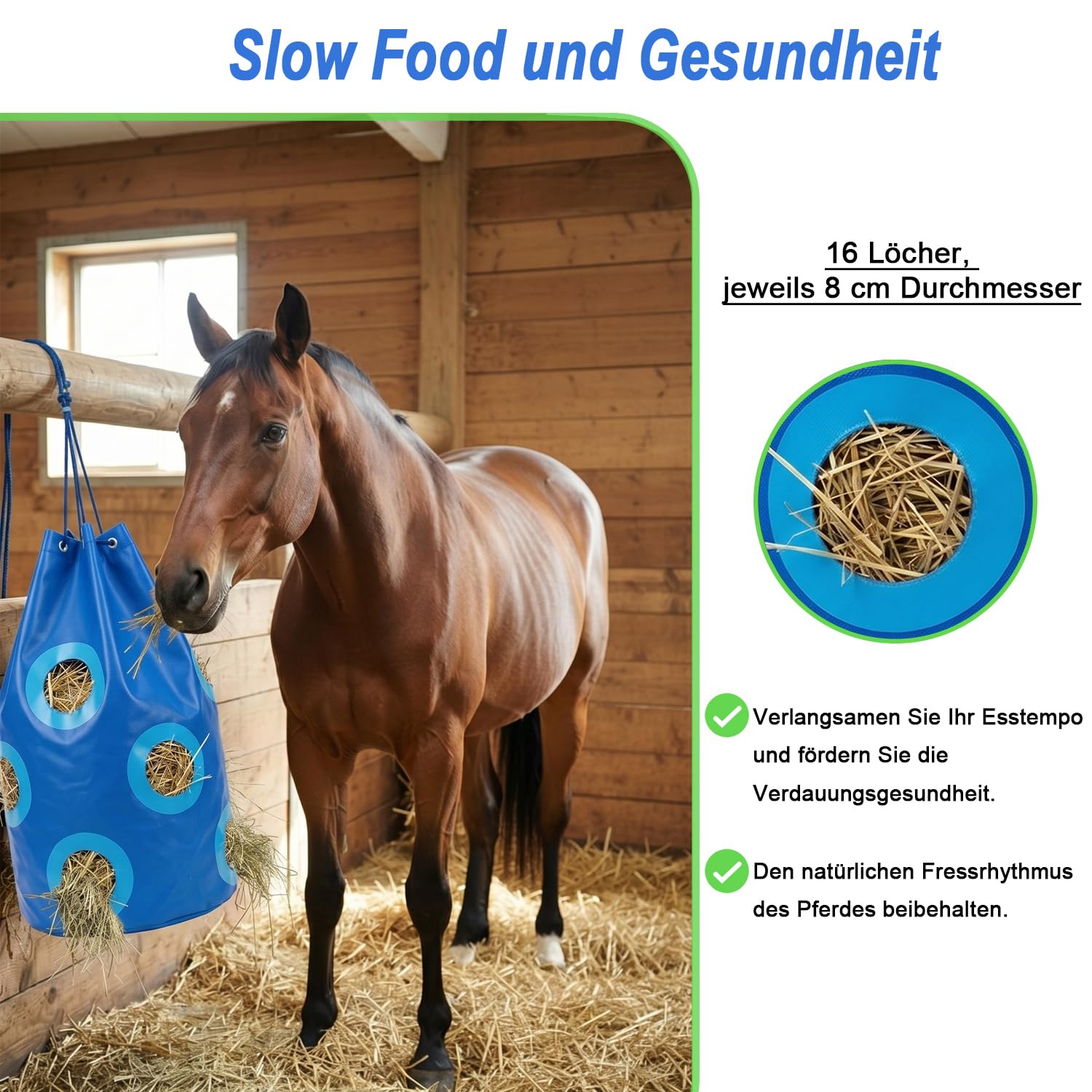 Heunetz für Pferde Verstärktes Futterloch 70x40cm Strapazierfähig Reißfest Blau