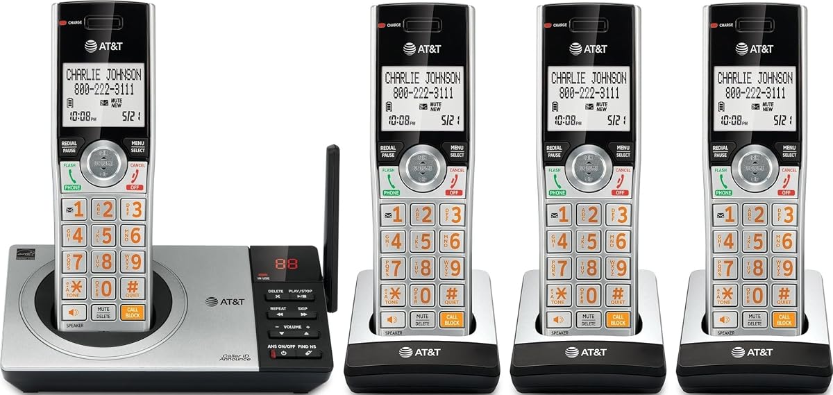 CL82407 Teléfono inalámbrico DECT 6.0 de 4 auriculares con bloqueador de llamadas inteligente, contestador automático, anuncio de identificador de llamadas, largo alcance, ampliable, plateado/negro