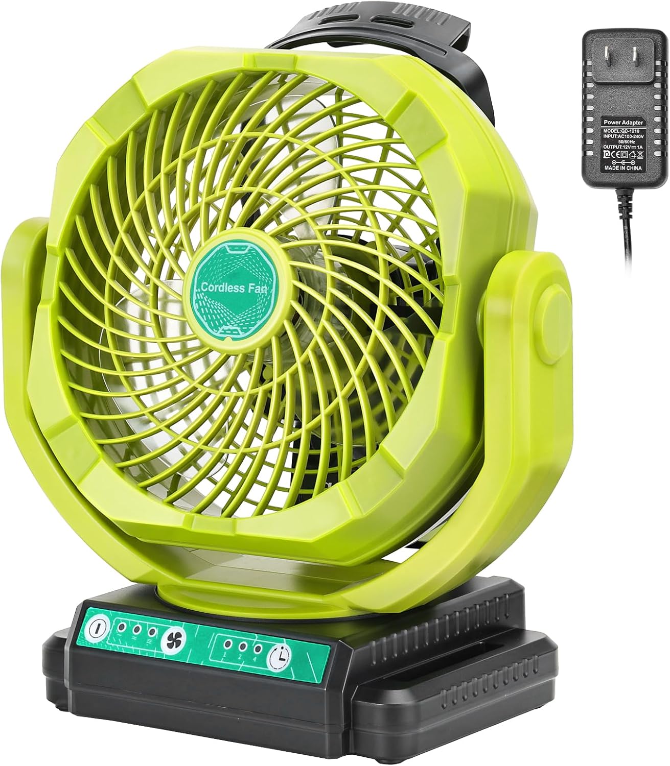 Battery Powered Fan Compatible with Ryobi 20V Battery Portable Cordless Fan with AC Adapter, Variable Speed, Timer Settings, 135 Adjustable Angle for Camping, Jobsite
