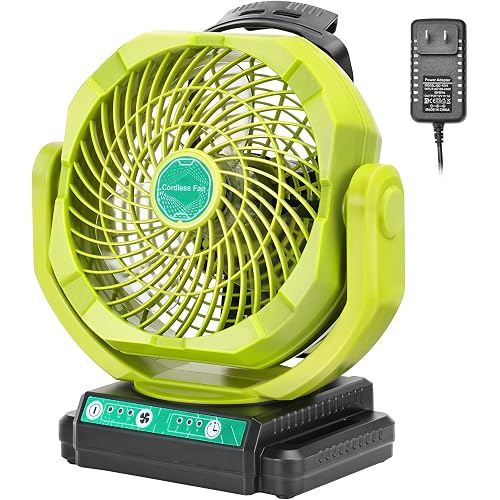 Battery Powered Fan Compatible with Ryobi 18V Battery Portable Cordless Fan with AC Adapter, Variable Speed, Timer Settings, 135 Adjustable Angle for Camping, Jobsite