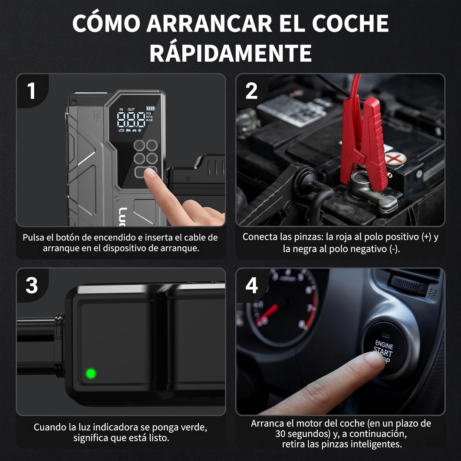 Lucklike Arrancador de Baterías de Coche con Compresor, 12V Jump Starter | 150PSI Arrancador de Coches para Vehículo (Todo Gasolina o 12L Diésel), con Pantalla LCD, Luz LED 800LM de Emergencia
