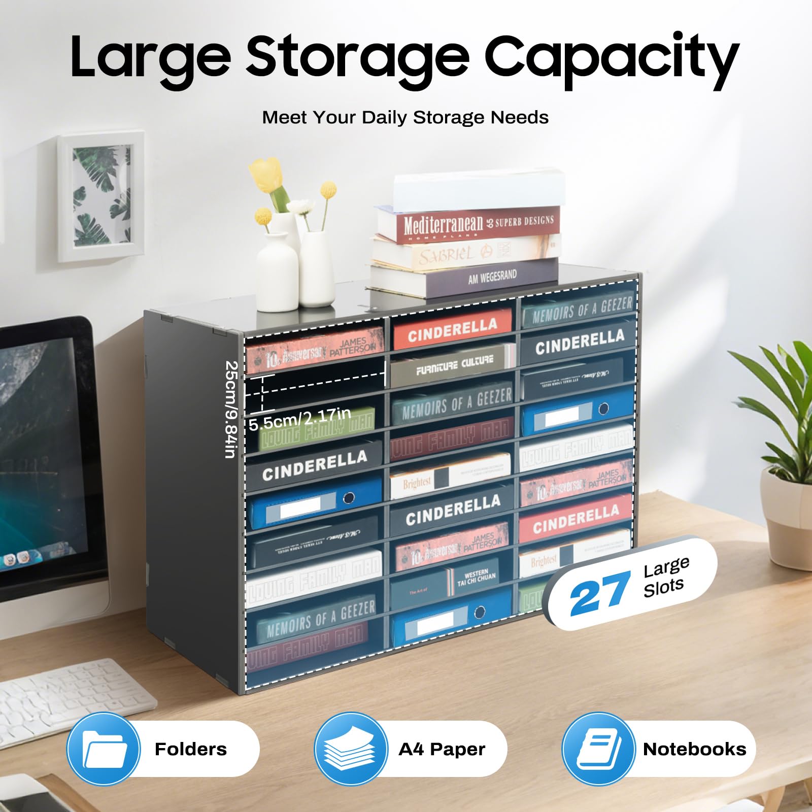 Literatur Organizer mit 27 Fächern, PVC Dokumentenablage (Schwarz) | Aktensortierer Briefablage, 50kg Tragkraft, Dokumentenlager für zu Hause, Bibliothek, Büro, 80x30.7x55.1cm